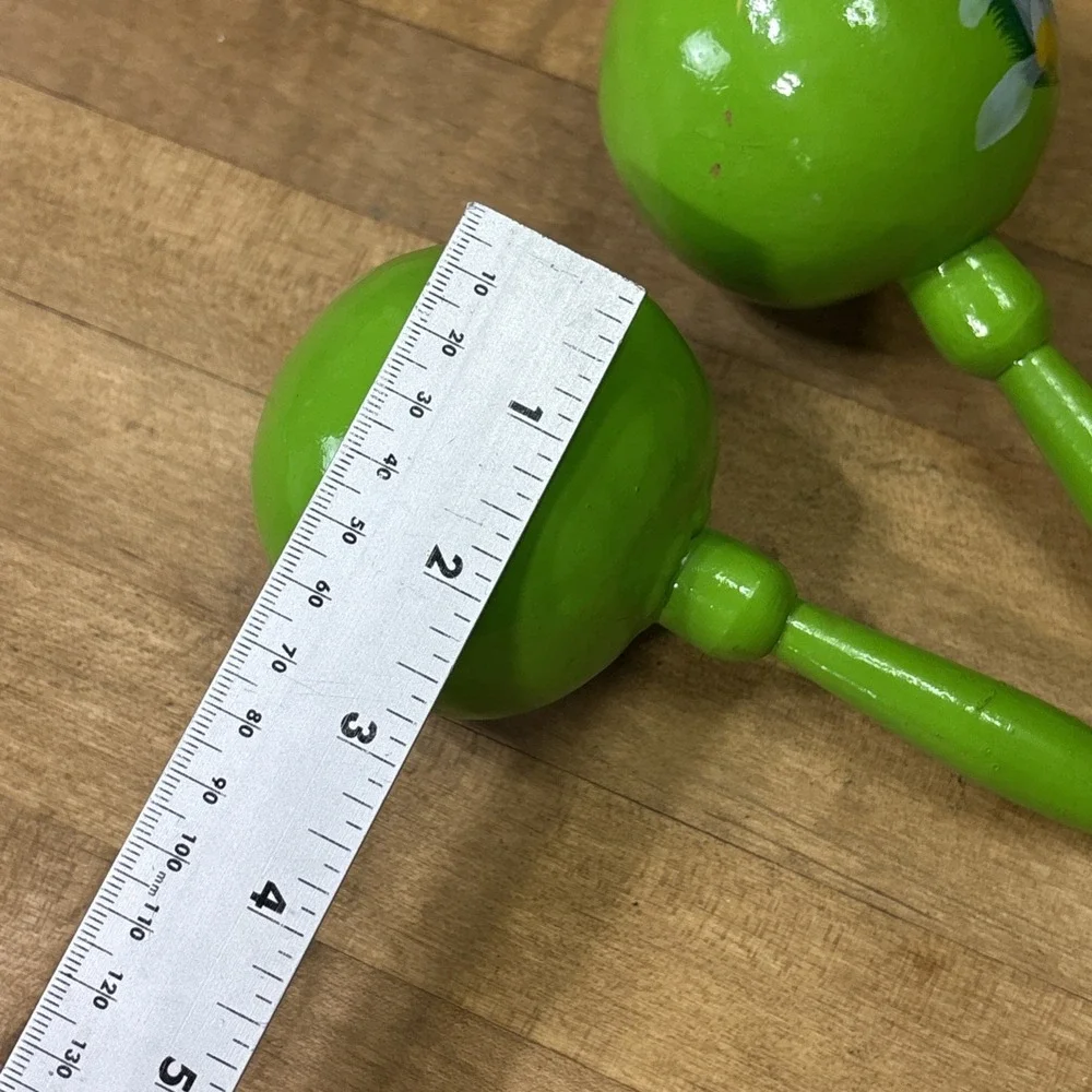 Vintage 1970s Hand Painted Wooden Maracas Green Floral Folk Art Pair